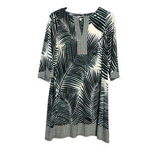 Sabrina Blue Sheath Midi Dress Size 1X Tropical Palm Leaf Print Keyhole Front